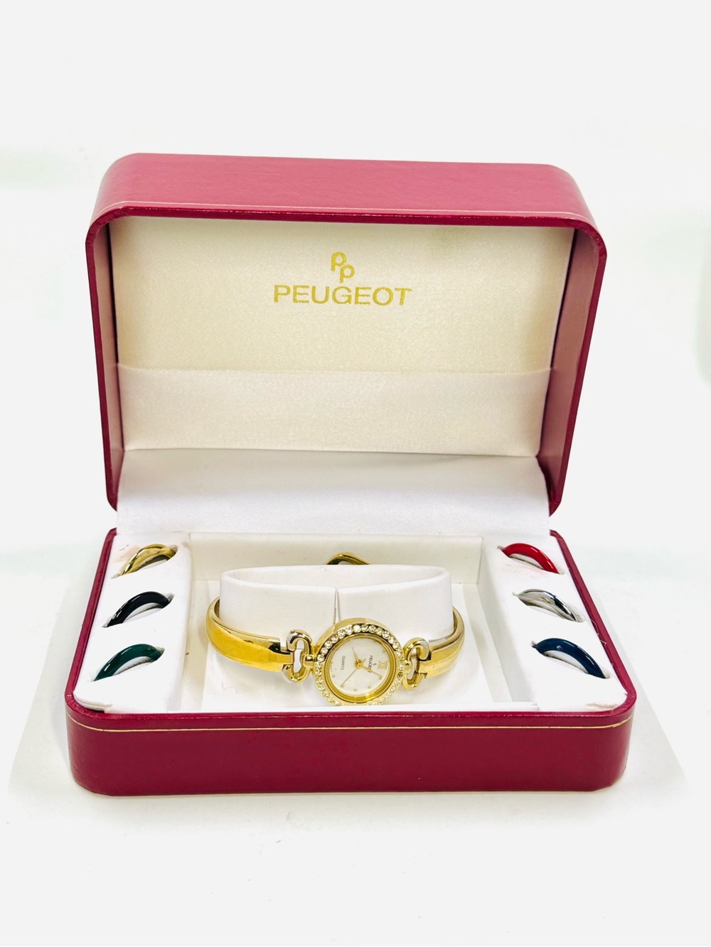 Peugeot Vintage Gold Women's Bracelet Watch W/ Crystal & Interchangeable Bezels